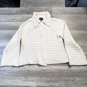 Pur Ivory Crochet-Style Button-Up Cardigan Sweater